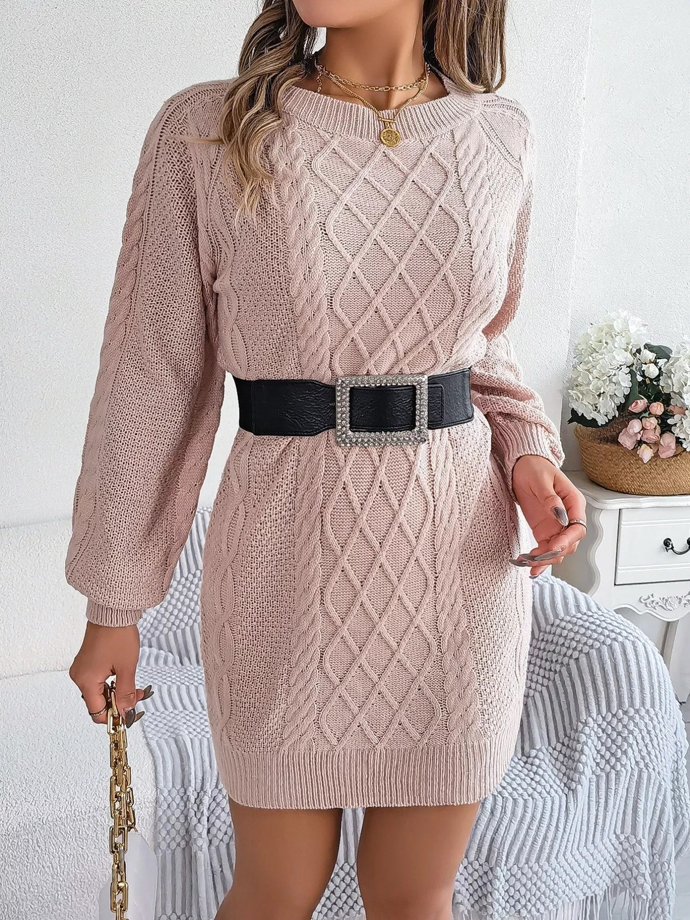 Diamond Cable Knit Sweater Dress with Long Sleeves 