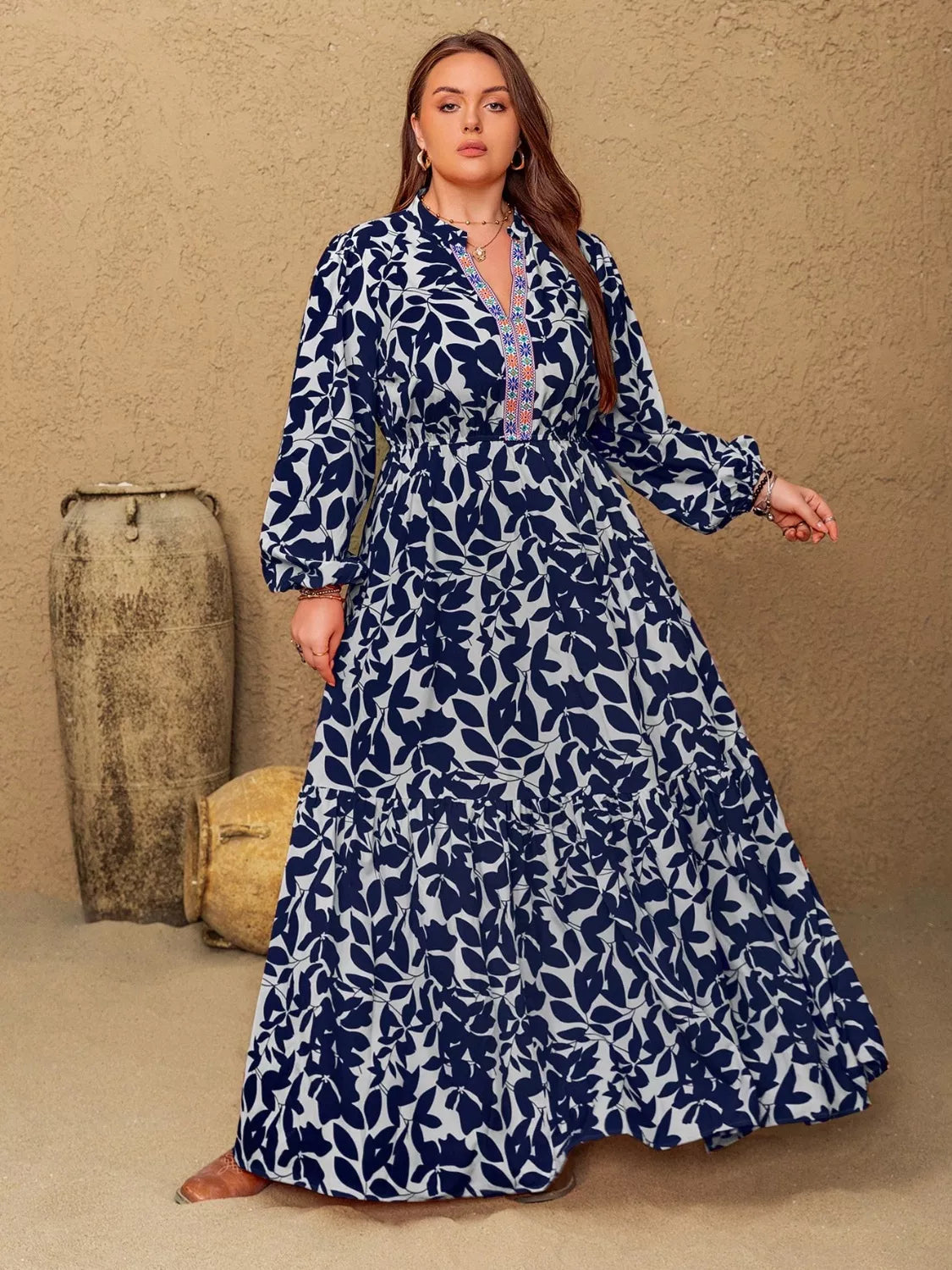 Plus Size Floral Print Notched Long Sleeve Maxi Dress 