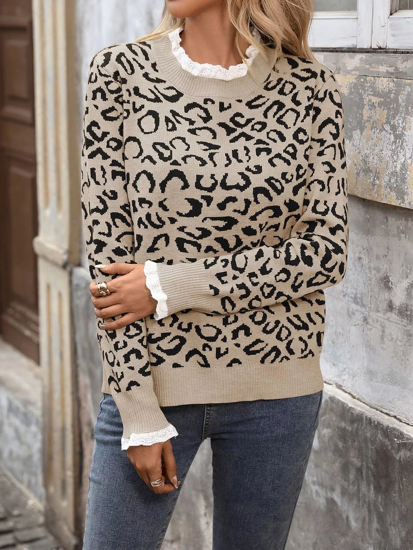 Frill Leopard Long Sleeve Sweater 
