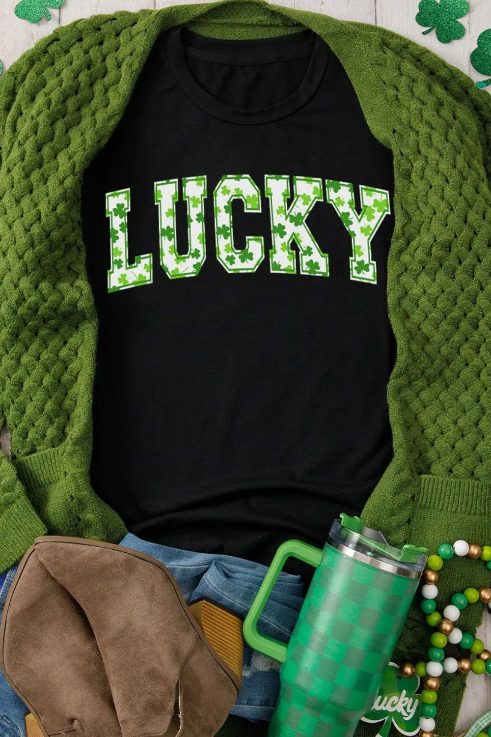LUCKY Letter Clover Short Sleeve T-Shirt 