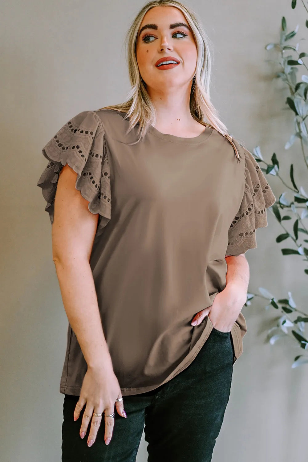 Plus Size Eyelet Round Neck Short Sleeve Blouse 