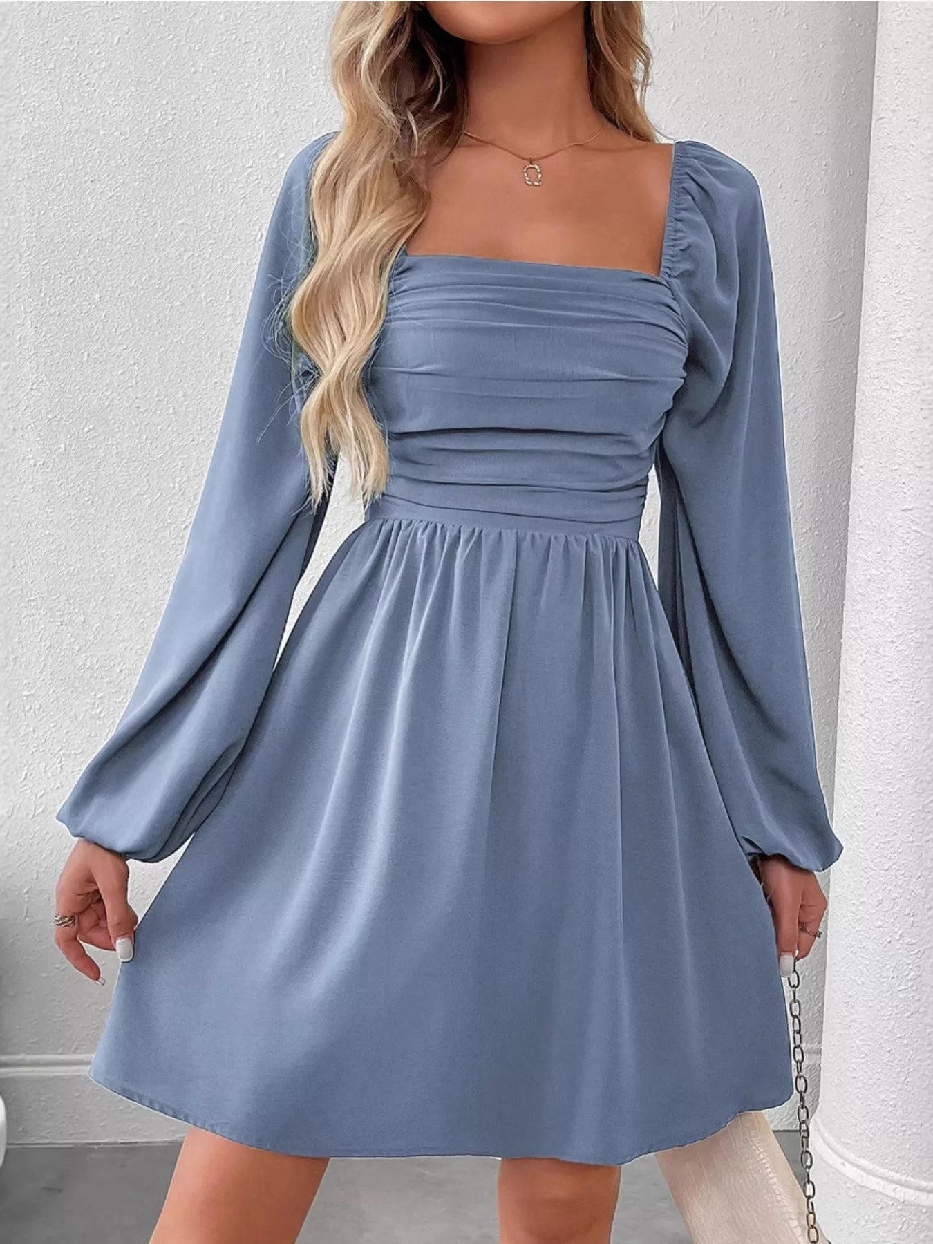 Ruched Square Neck Long Sleeve A-Line Dress 