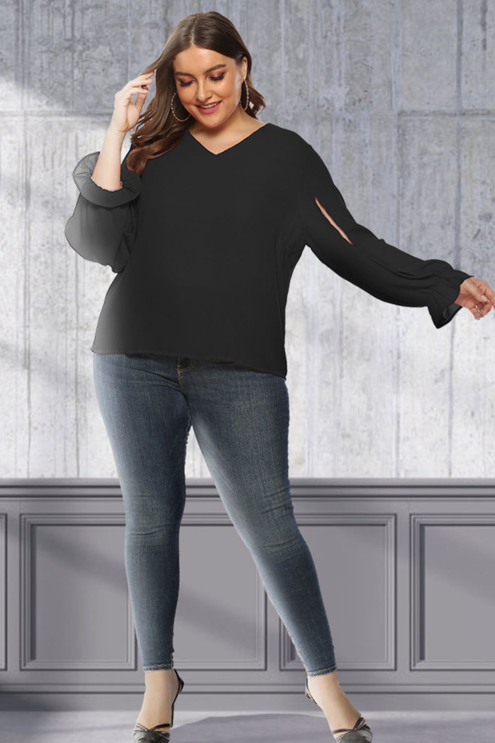 Plus Size Cutout Flounce Sleeve Blouse 