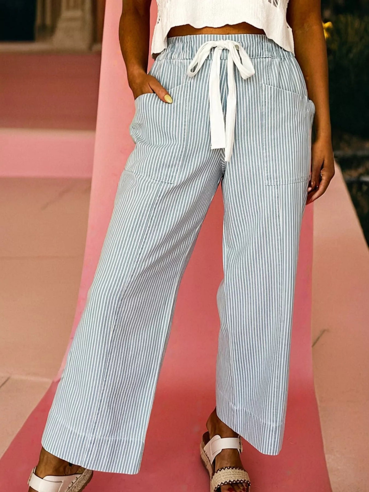 Stripe Mid Rise Drawstring Waist Jeans 