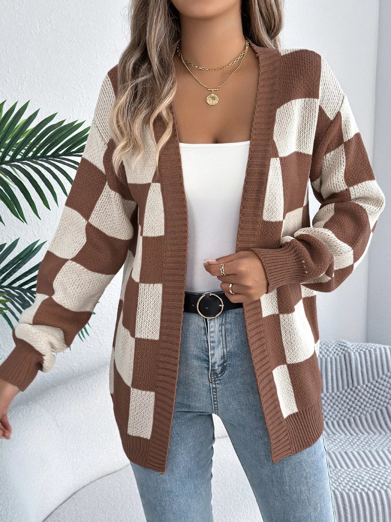 Checkered Pattern Open Front Cardigan 