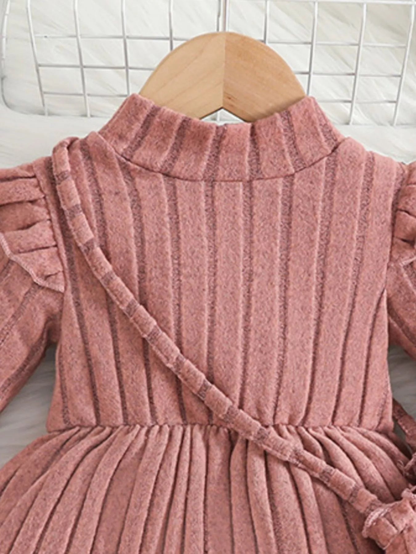 Children's Ribbed Knit Ruffle Trim Dress with Bag 