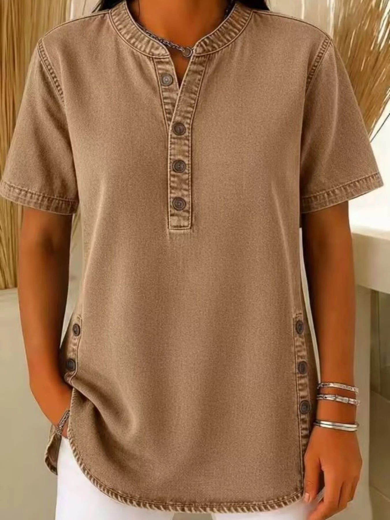 Full Size Button Detail Short Sleeve Blouse Plus Size 