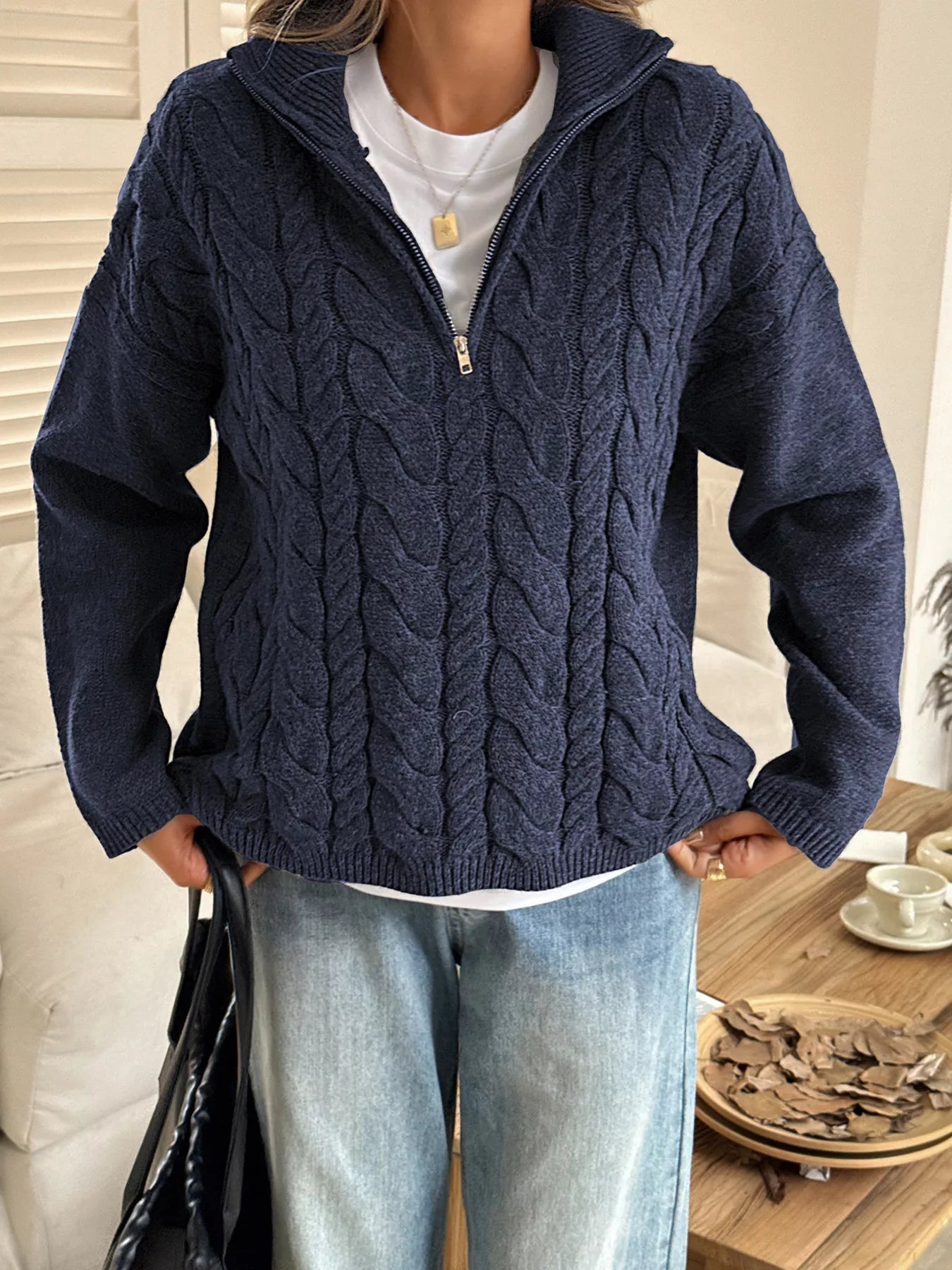 Zip Collar Cable-Knit Sweater 