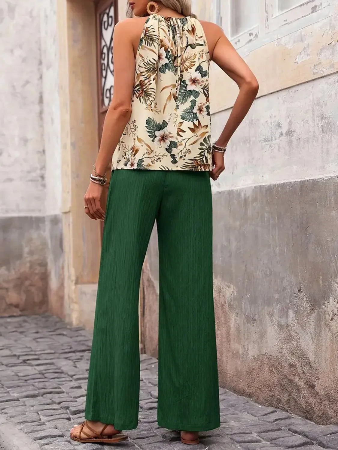 Printed Tank Top and Wide Leg Pants Set 