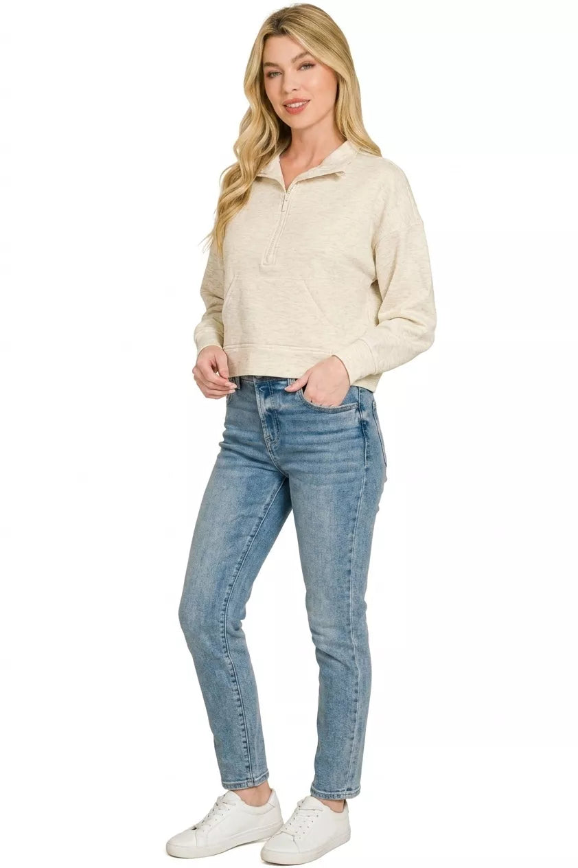 Zenana Scuba Half Zip Pullover With Kangaroo Pockets 