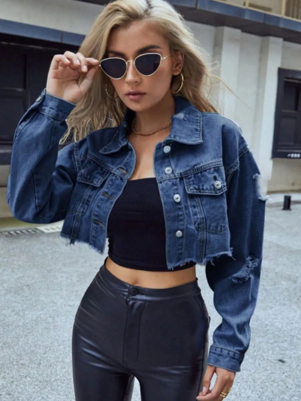 Distressed Raw Hem Collared Neck Long Sleeve Denim Top 