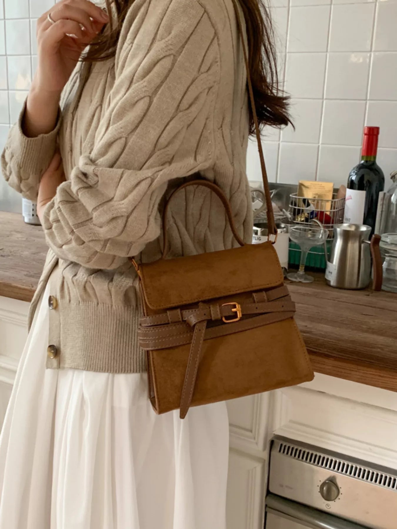 Suede Buckle Decor Crossbody Bag 