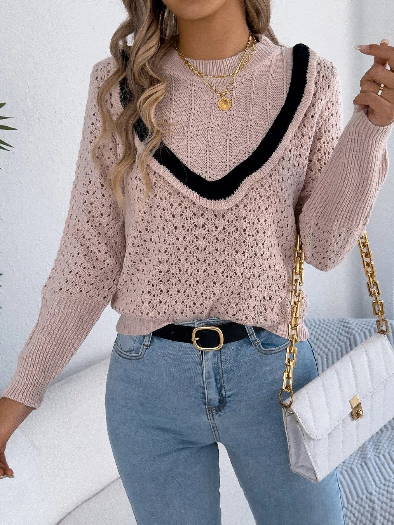 Hollow-Out Knit Top with Contrast Trim 