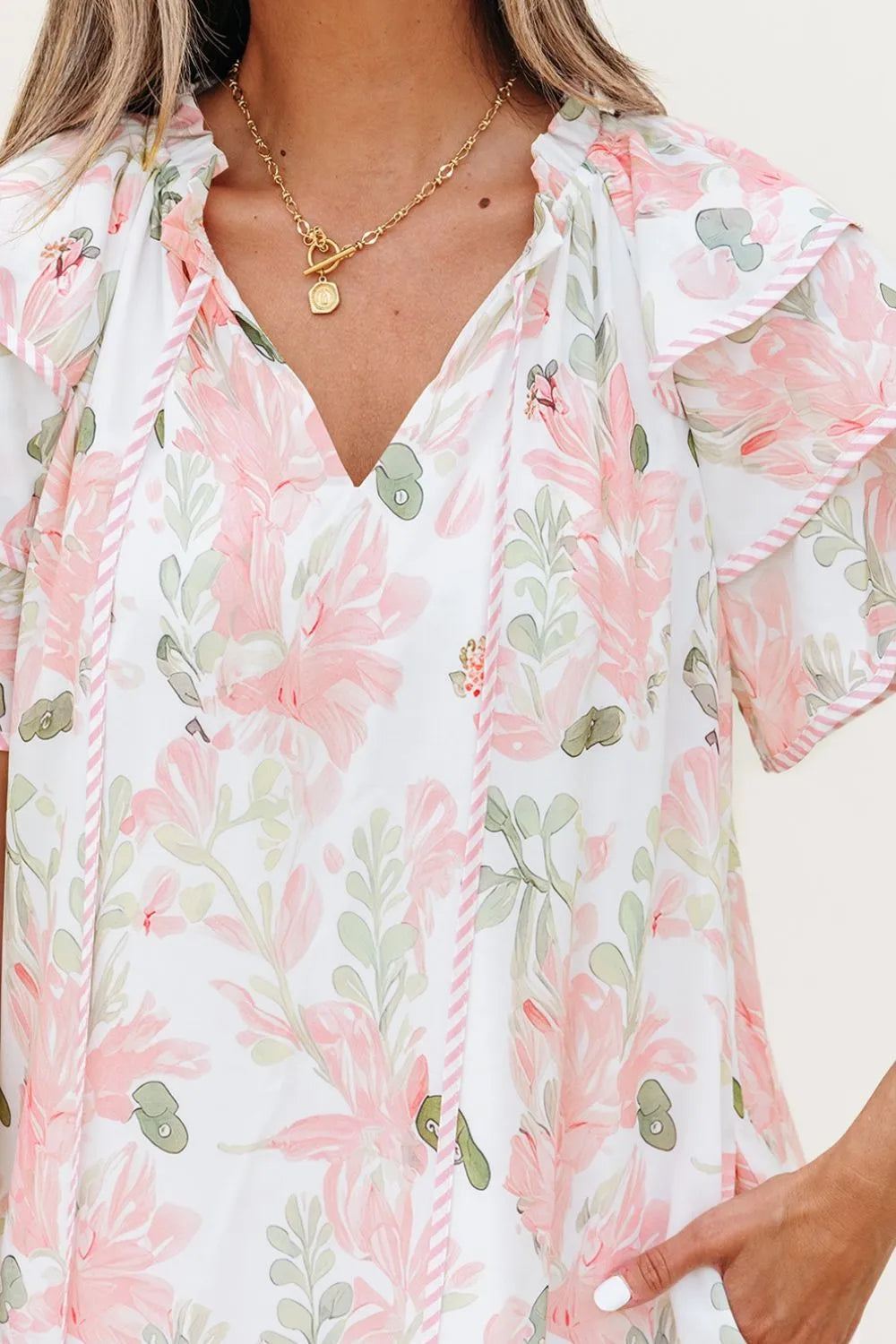 Floral Contrast Edge Layered Short Sleeve Mini Dress 