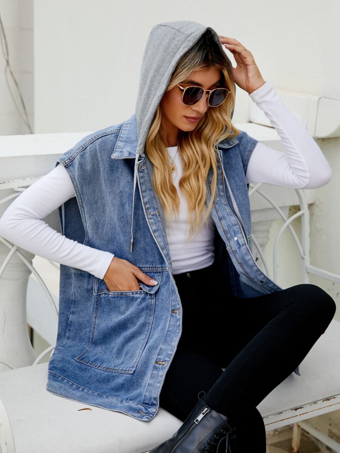 Hooded Sleeveless Denim Top with Pockets 