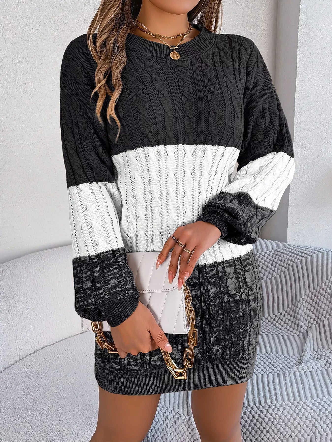 Color Block Cable Knit Sweater Dress with Textured Pattern 