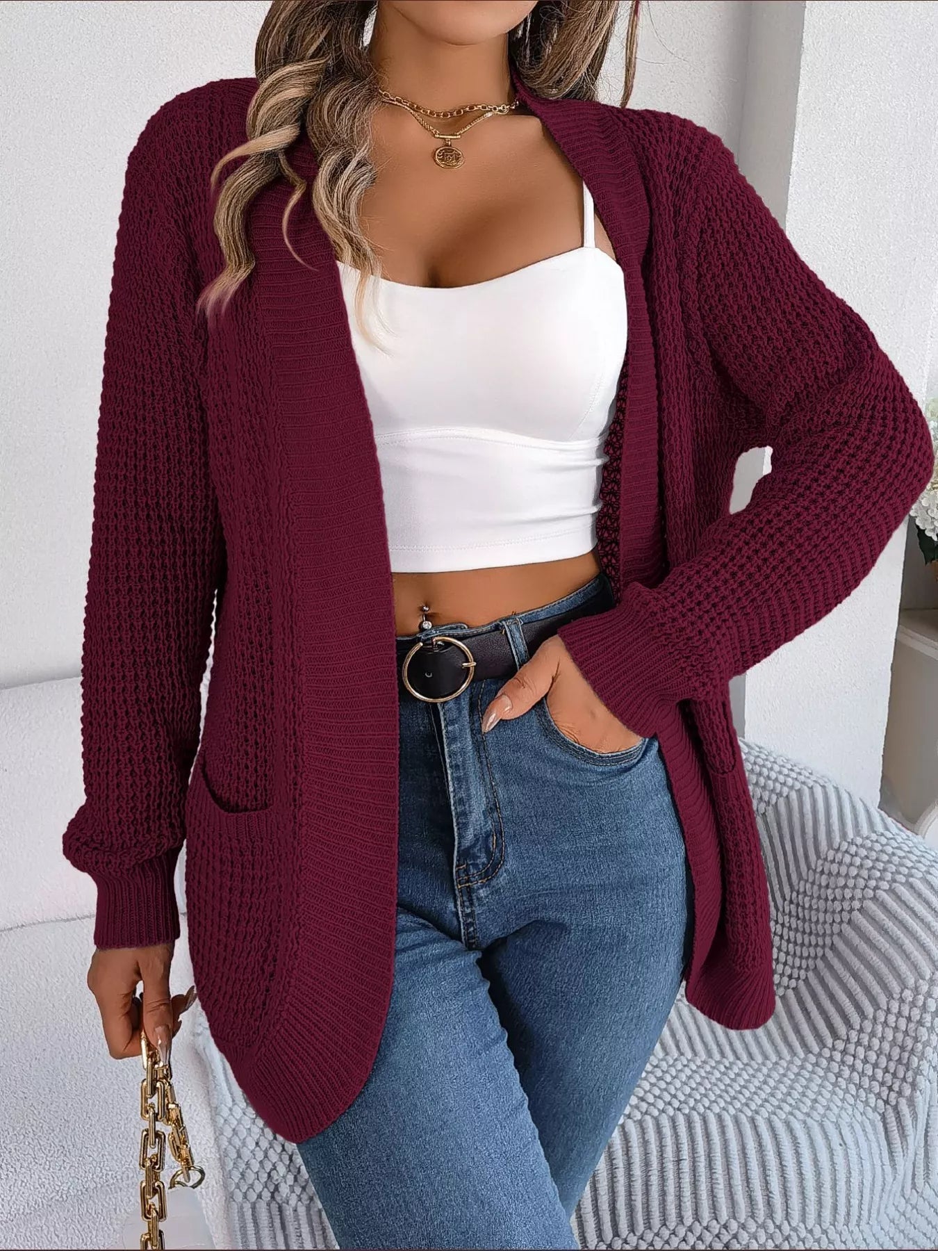 Chunky Knit Open Front Cardigan with Pockets 