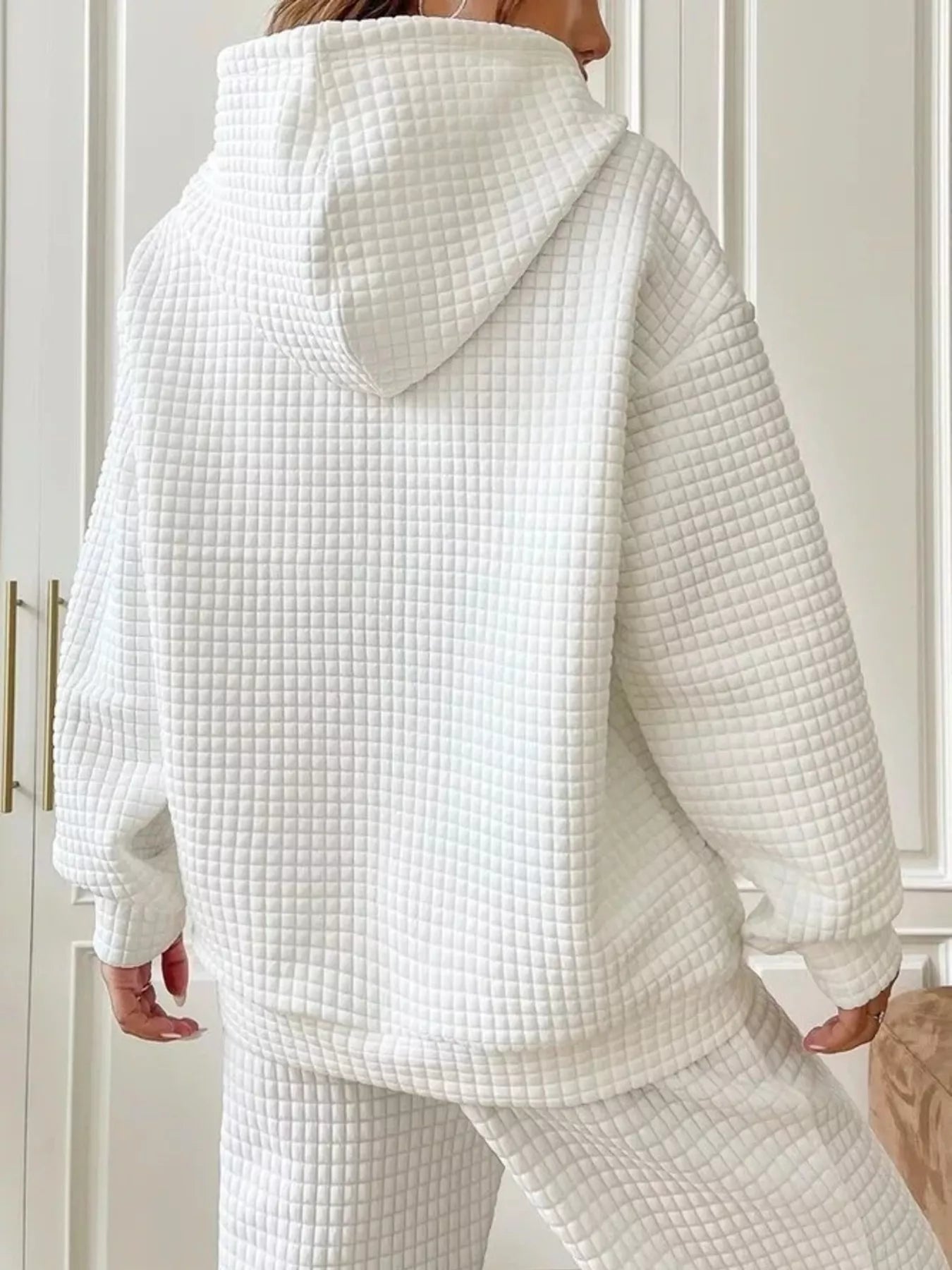 Waffle Knit Hoodie with Drawstring Details 