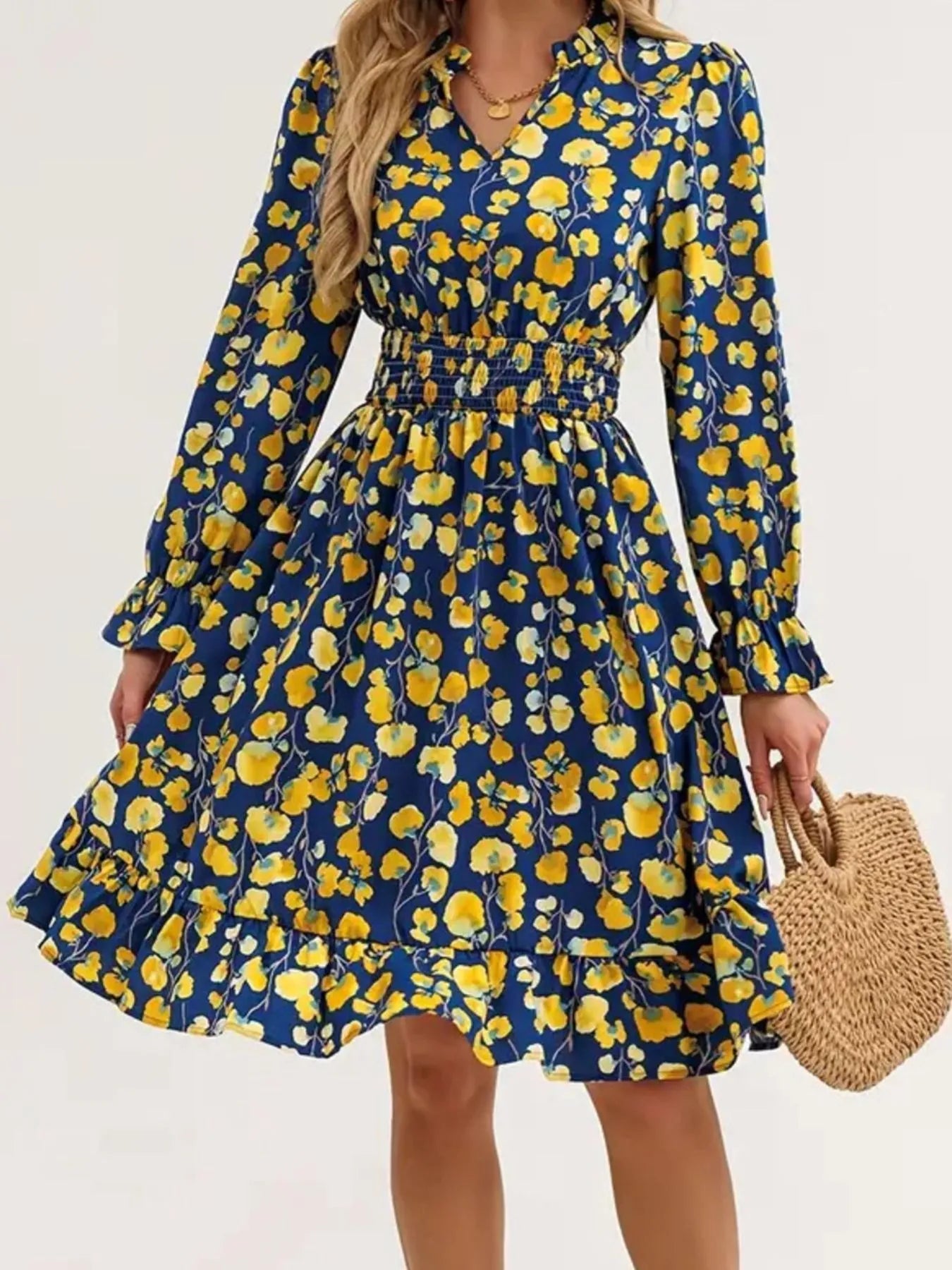 Floral Print Flounce Sleeve Ruffle Hem Dress 