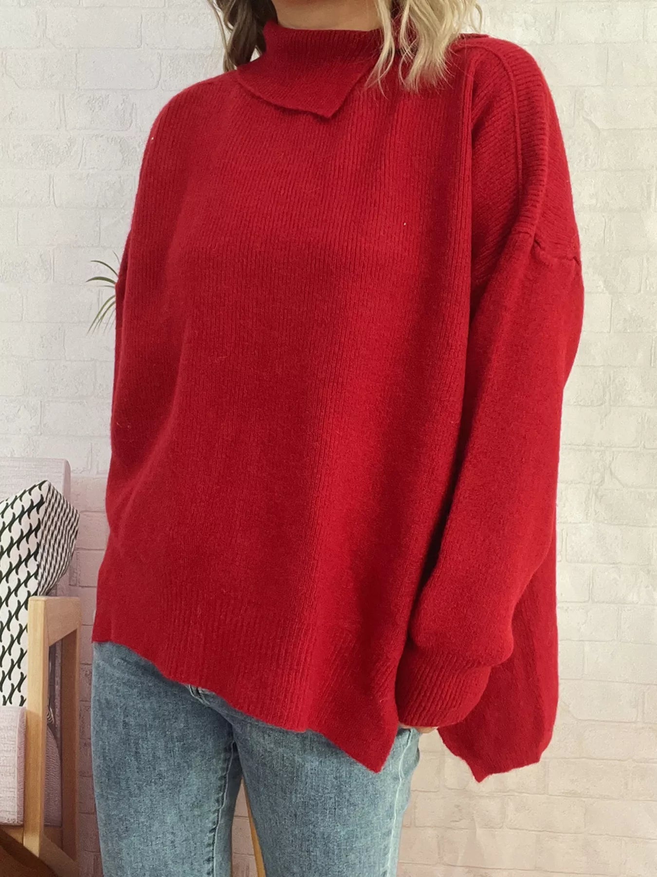 Slit Turtleneck Long Sleeve Sweater 