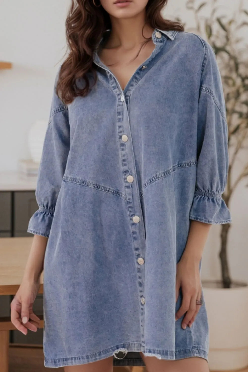 Distressed Collared Neck Flounce Sleeve Denim Dress 