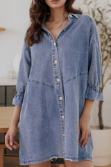 Distressed Collared Neck Flounce Sleeve Denim Dress 