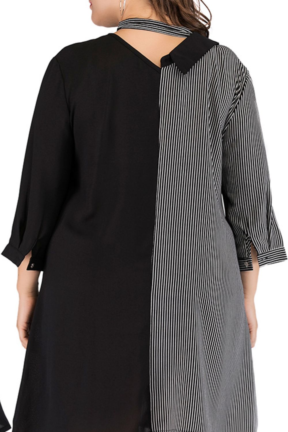 Plus Size Striped Color Block Tie-Neck Dress 