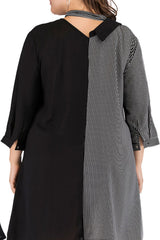 Plus Size Striped Color Block Tie-Neck Dress 
