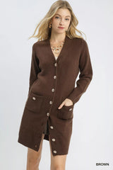 Umgee Button-Down Longline Sweater Cardigan with Front Pockets 