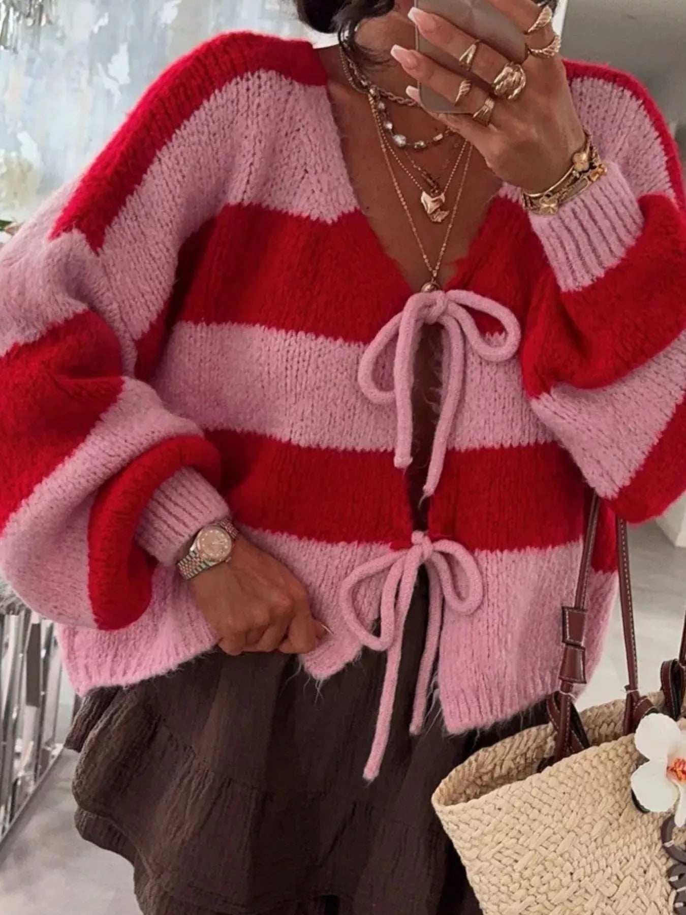 Striped Tie-Front Knit Cardigan 