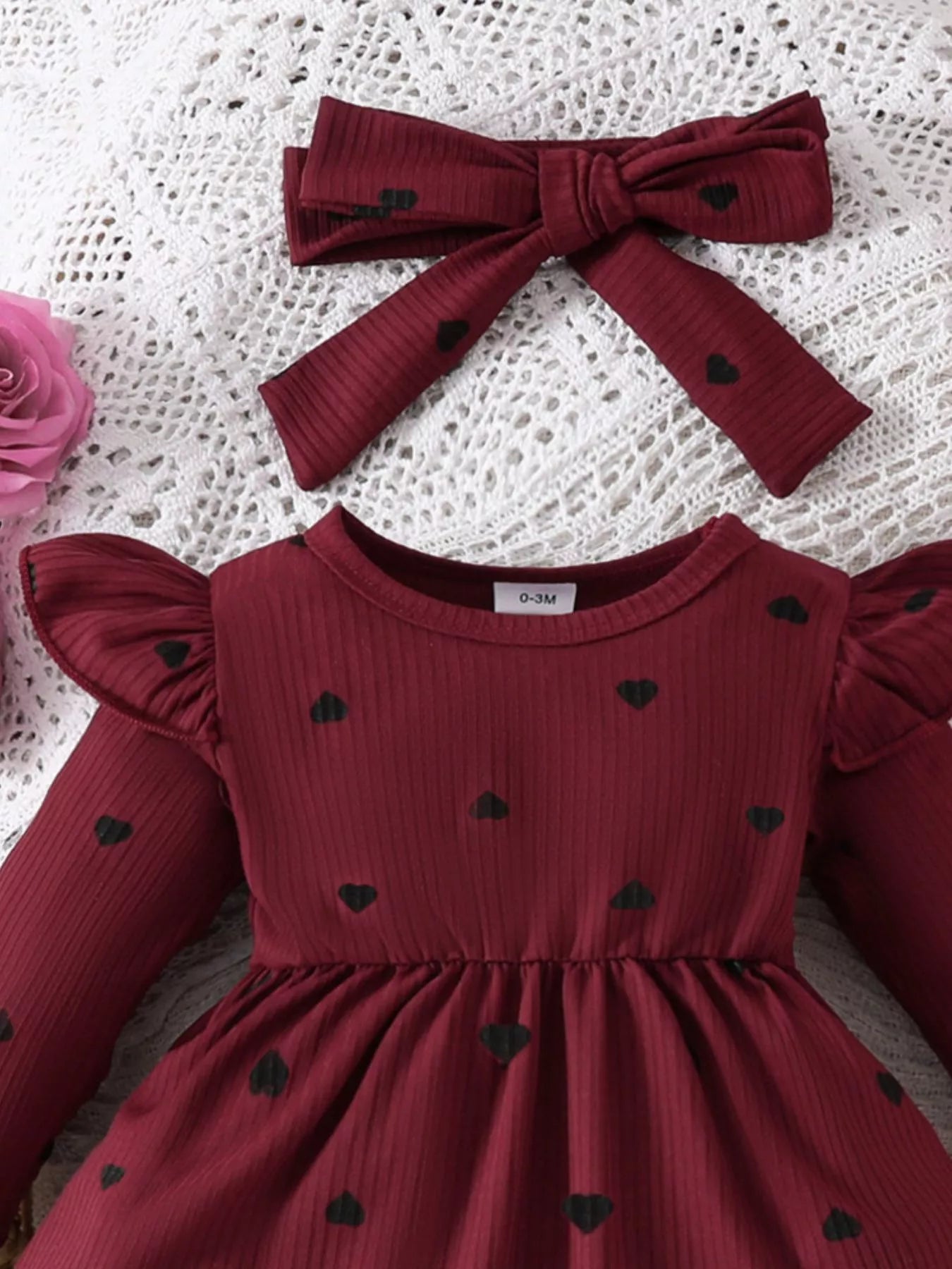Children's Heart Print Ruffle Trim Bodysuit Dress with Headband 
