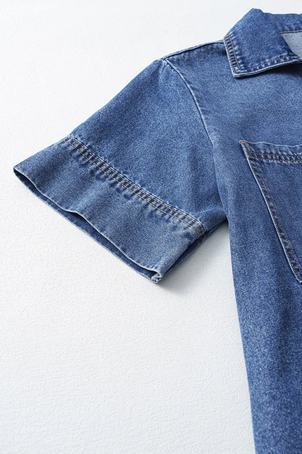 Short Sleeve Collared Patched Pocket Denim Mini Dress 