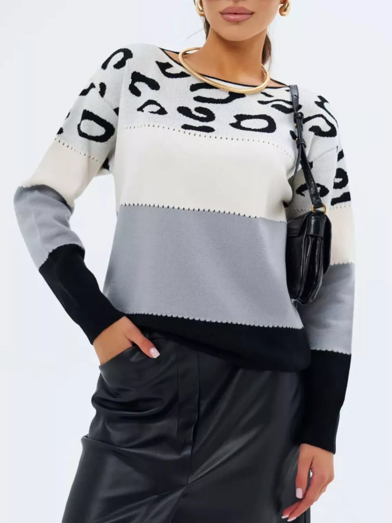 Full Size Leopard Color Block Long Sleeve Sweater Plus Size 