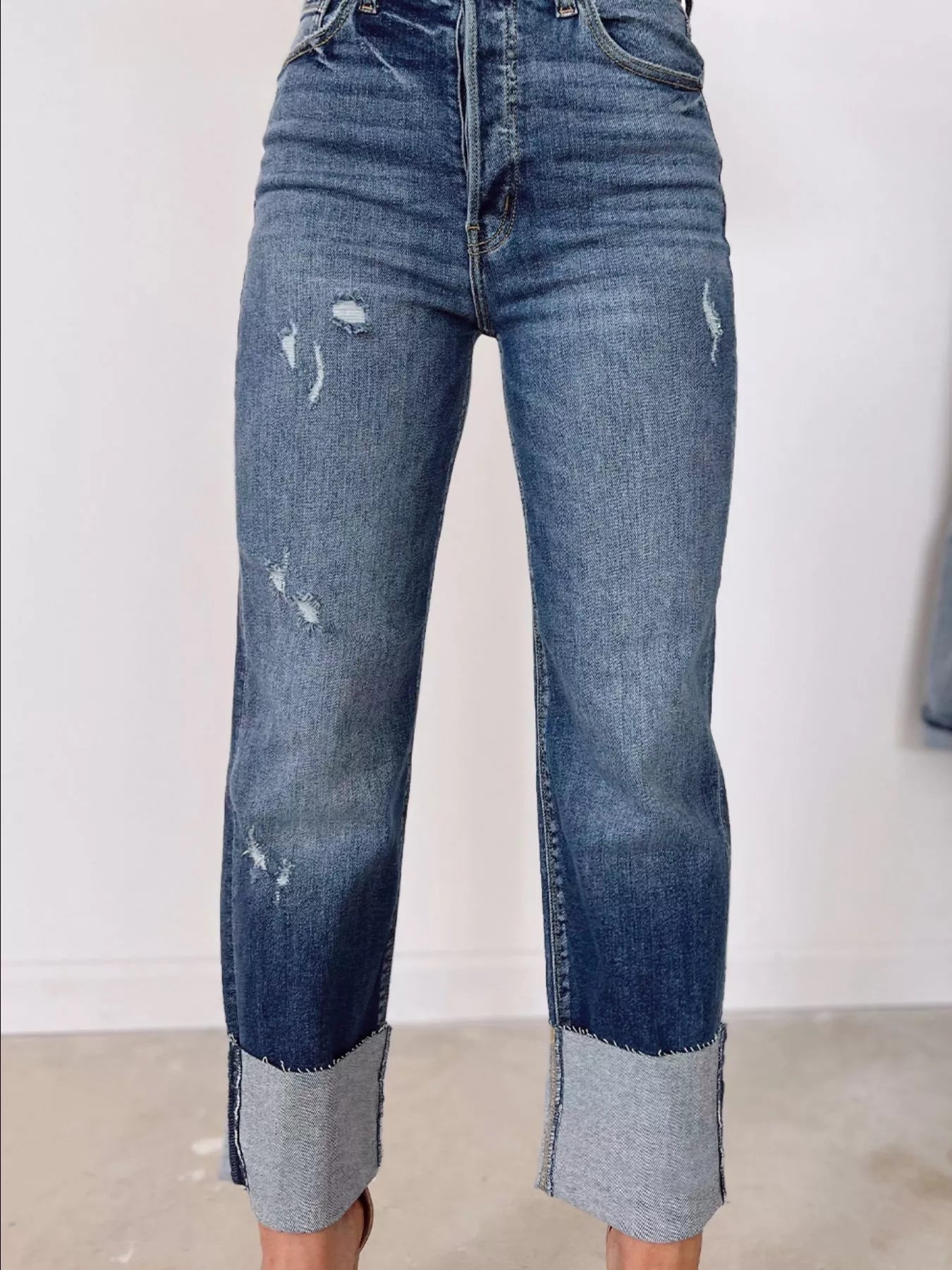 High Waist Distressed Straight Leg Jeans 