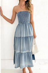 Smocked Tube Slit Tiered Denim Dress 