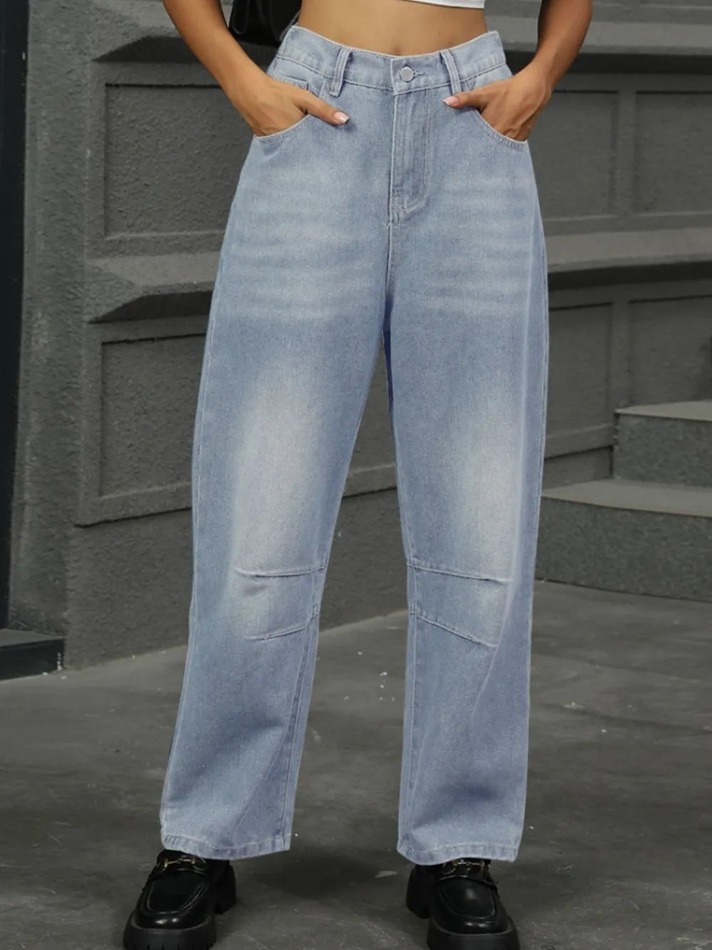 Half Elastic Waist Straight Leg Jeans 