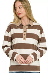 Zenana Striped Contrast Collar Polo Tee 