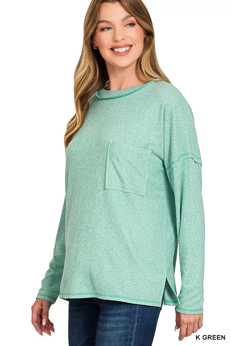 Zenana Soft Melange Hacci Round-Neck Long Sleeve T-Shirt 