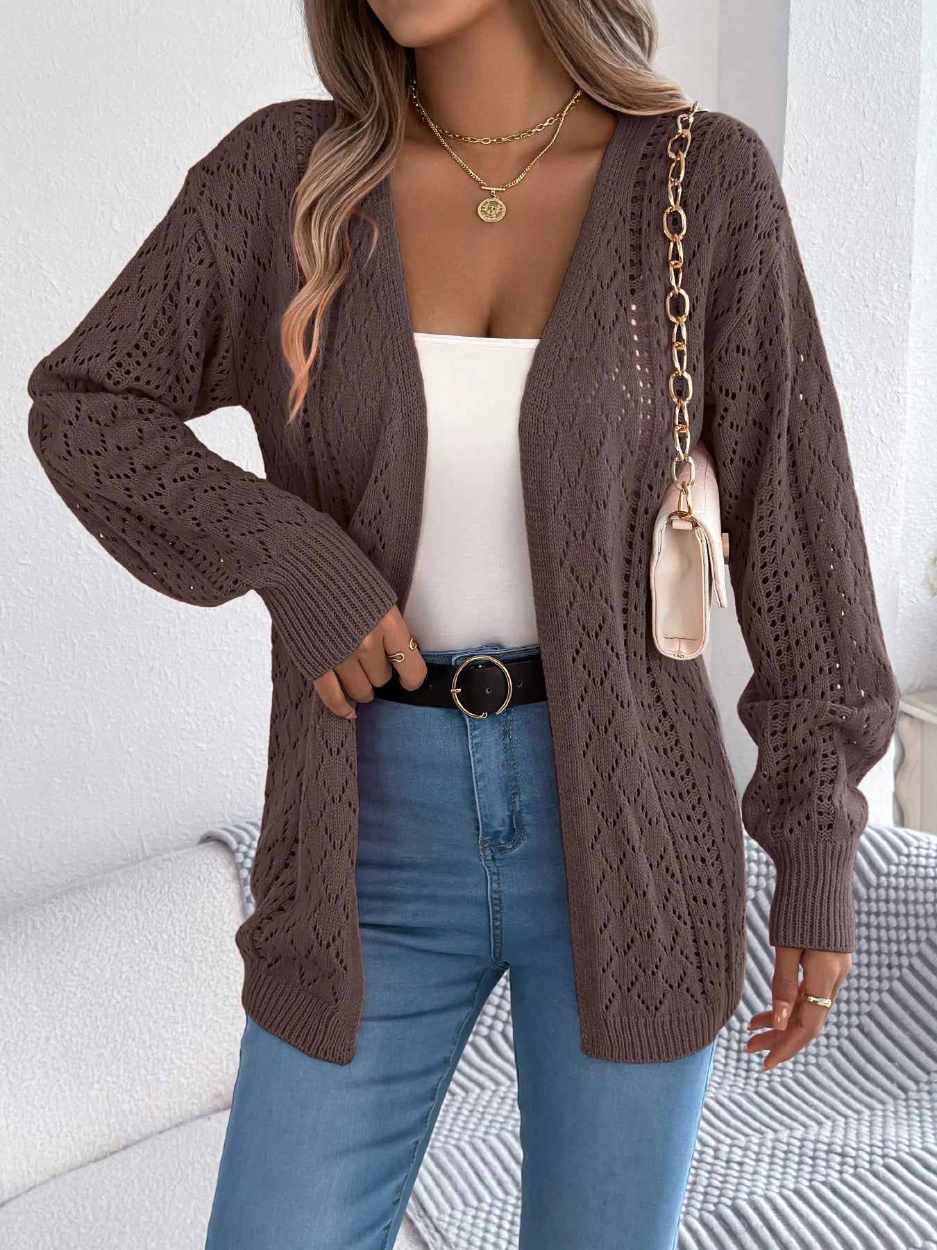 Openwork Open-Front Long Sleeve Cardigan 