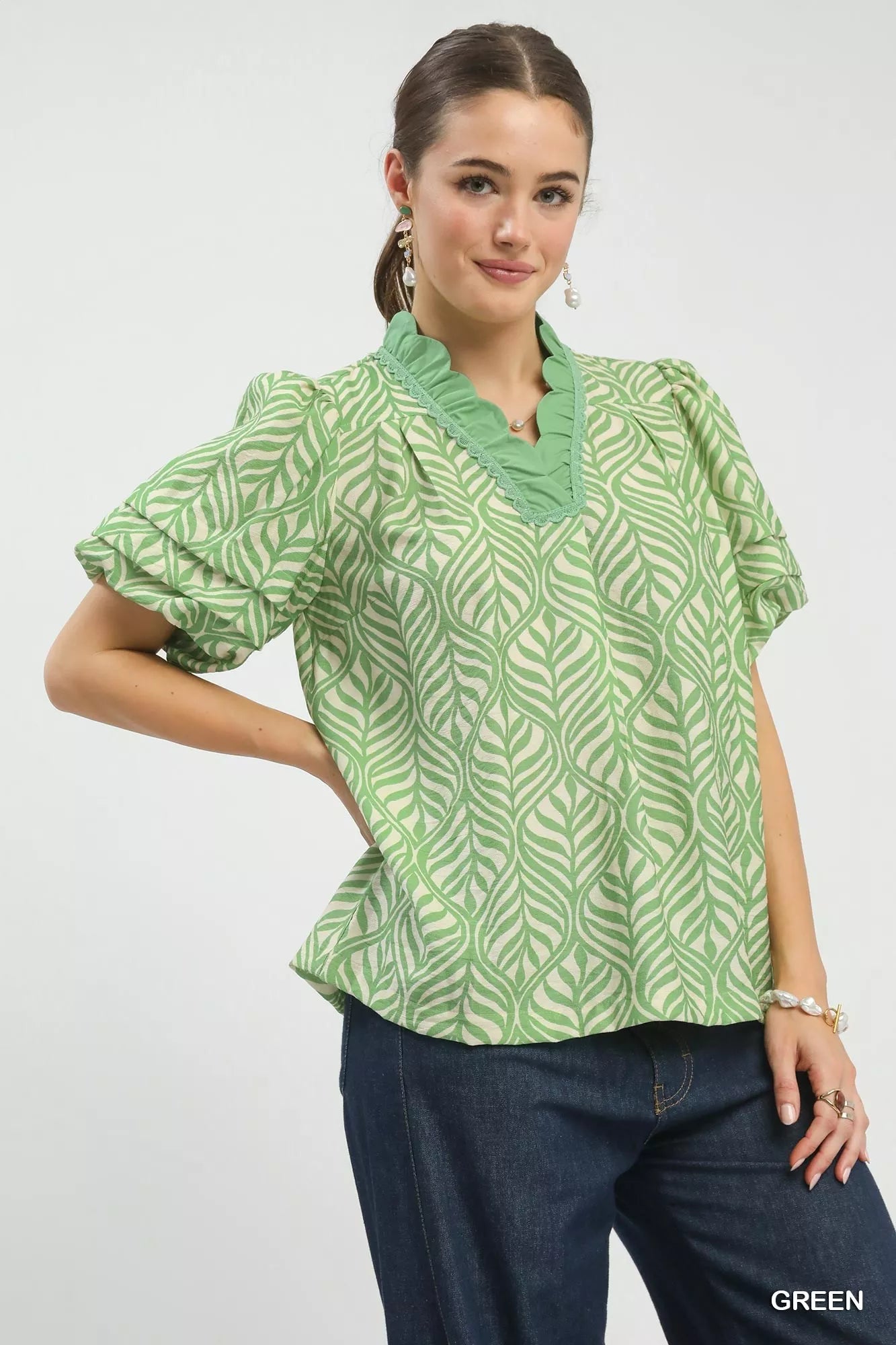 Umgee Printed Puff Sleeve Ruffle Neck Top 