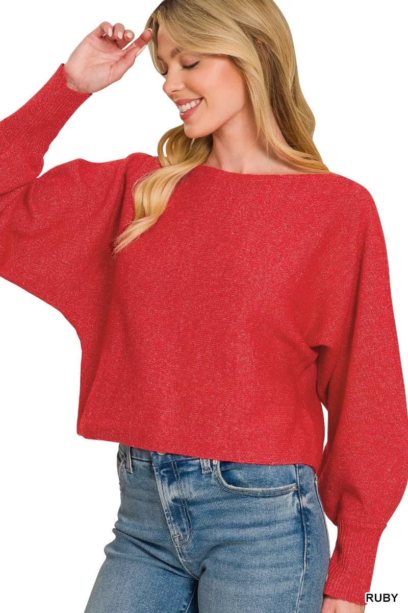 Zenana Boat Neck Balloon Sleeve Sweater 