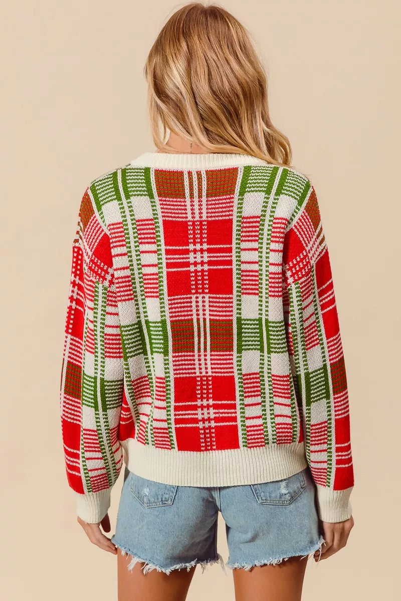 SO ME Christmas Color Checkered Plaid Crew Neck Sweater 
