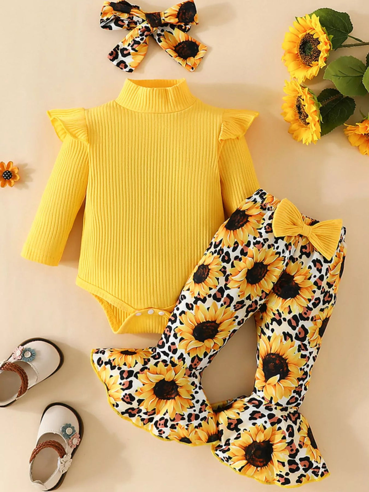 Children's Ruffled Bodysuit and Sunflower Pants Set 