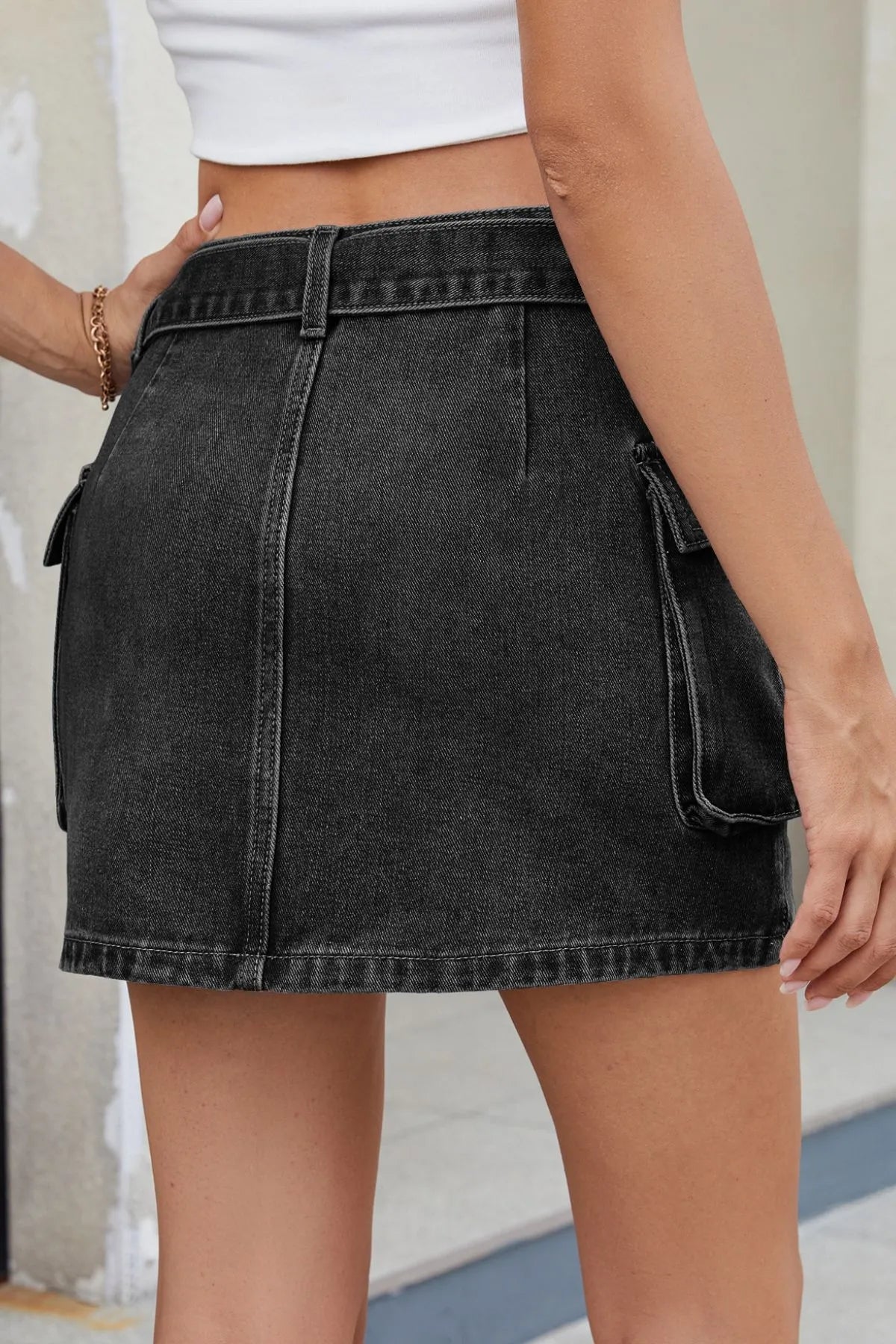 Criss-Cross Waist Detail Denim Mini Skirt 