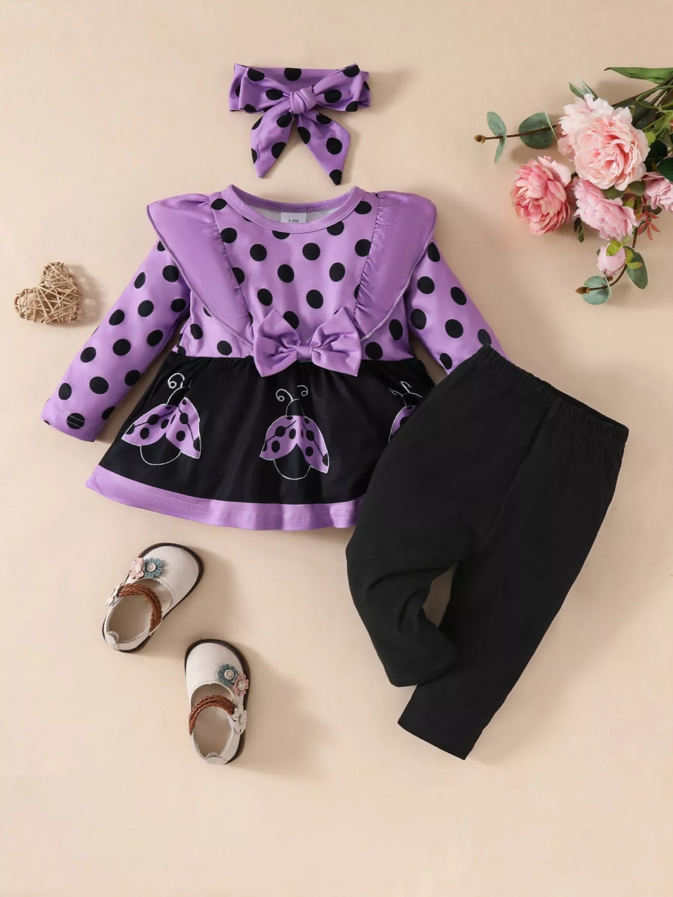Children's Ruffled Top and Pants Set with Headband 