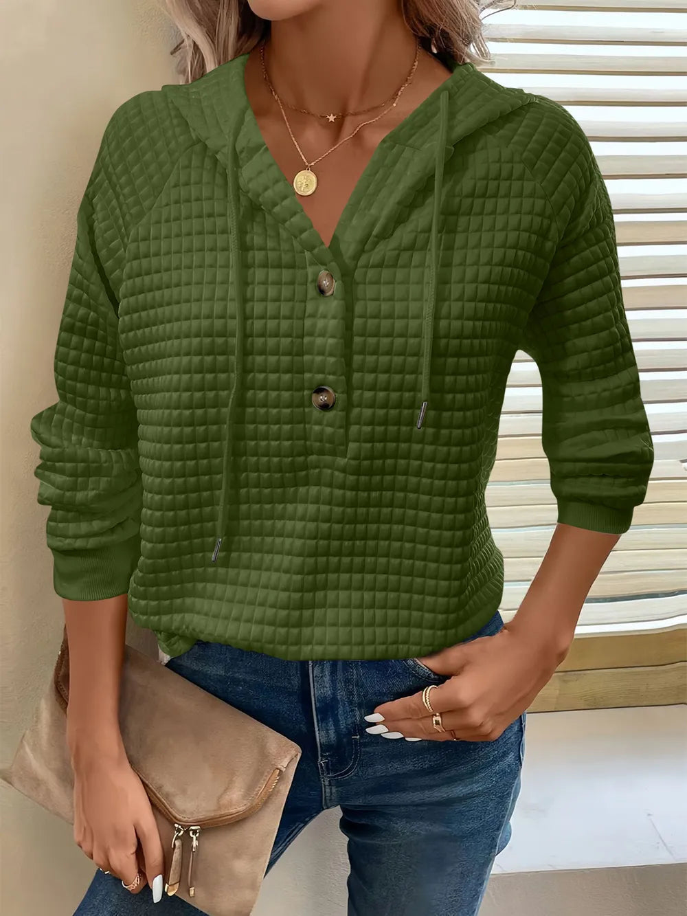 Full Size Texture Button Detail Drawstring Long Sleeve Hoodie 