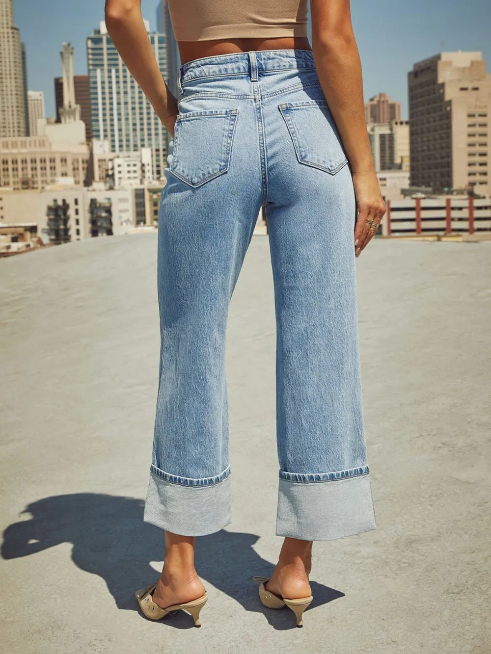 High Waisted Straight Leg Rolled Jeans 