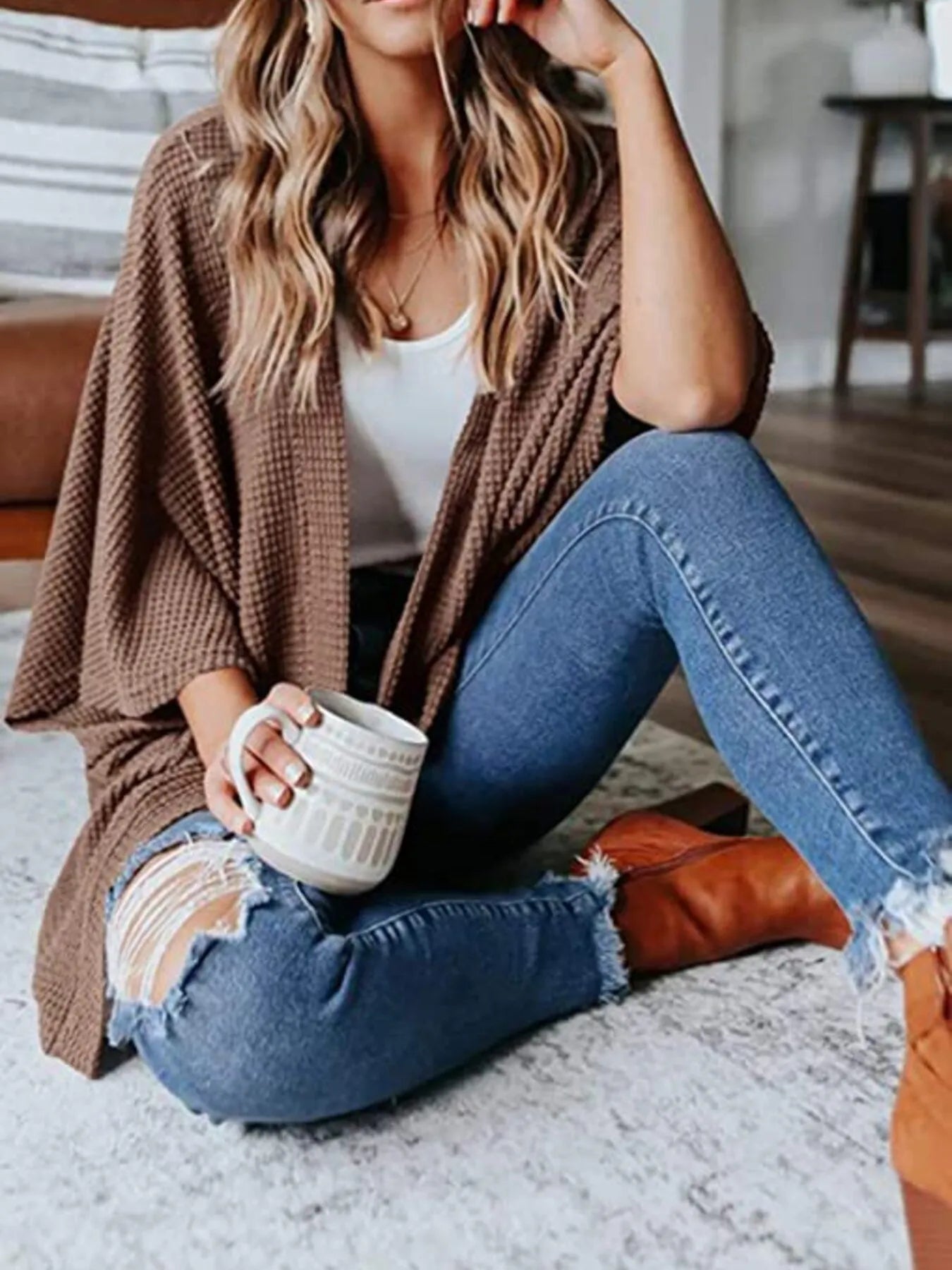 Full Size Open Front Waffle Knit Cardigan Plus Size 