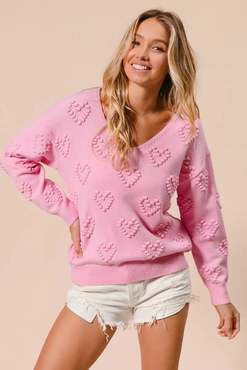 BiBi Valentines Heart Pompom V Neck Knit Top 