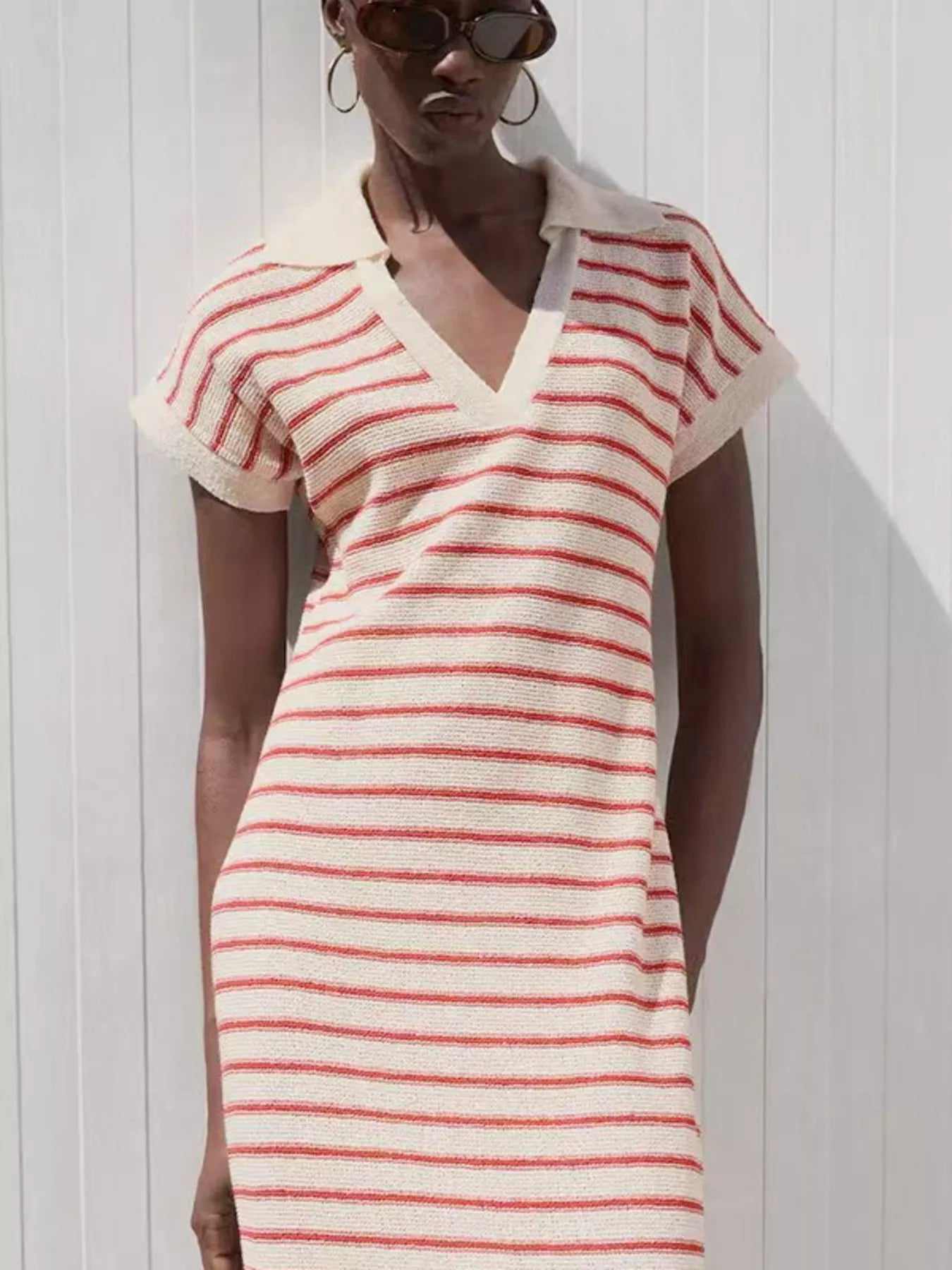 Striped Slit Short Sleeve Maxi Dress 